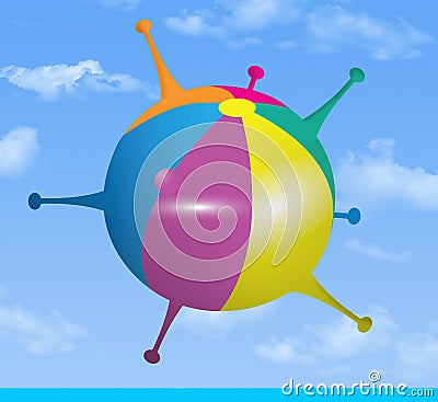 The spread of coronavirus during summer months is illustrated with a beach ball that resembles a Covid Cartoon Illustration