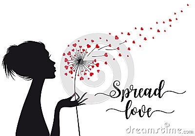 Spread love, woman holding dandelion with hearts, vector illustration Vector Illustration