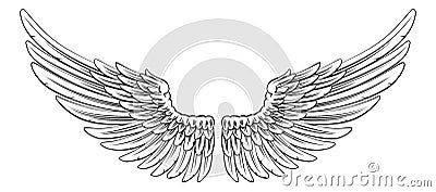 Spread Pair Of Angel Or Eagle Feather Wings Vector Illustration