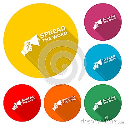 Spread the Word Share Information Bullhorn Megaphone icon or logo, color set with long shadow Vector Illustration
