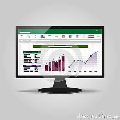 Spreadsheet on Computer screen. Financial accounting report concept. office things for planning and accounting, analysis, audit, Vector Illustration