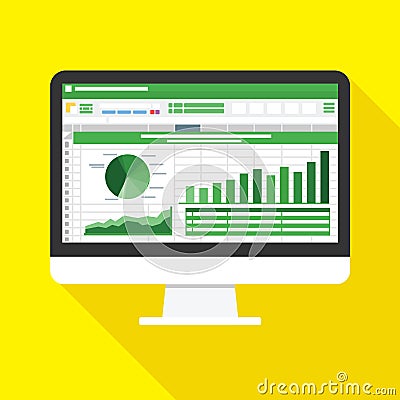 Spreadsheet on Computer screen flat icon. Financial accounting report concept. office things for planning and accounting, analysis Vector Illustration