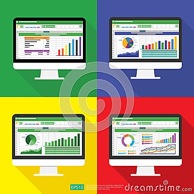 Spreadsheet on Computer screen flat icon. Financial accounting report concept. office things for planning and accounting, analysis Vector Illustration