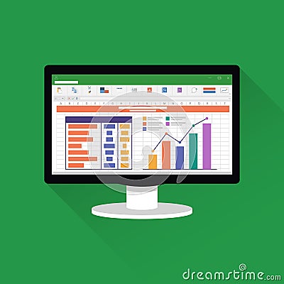 Spreadsheet on Computer screen flat icon. Financial accounting report concept. office things for planning and accounting, analysis Vector Illustration