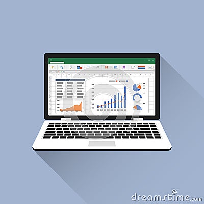 Spreadsheet on Laptop screen flat icon. Financial accounting report concept. office things for planning and accounting, analysis, Vector Illustration