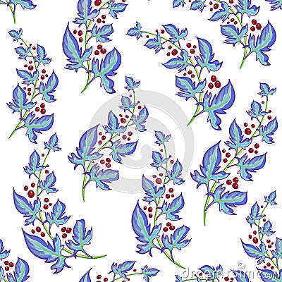 Sprigs of berries and leaves on a beige background. Delicate floral background. Seamless Floral Pattern. Vector Illustration