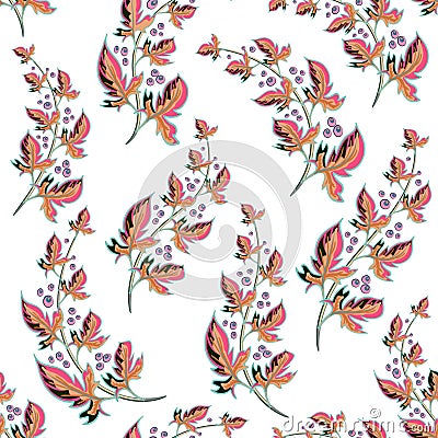 Sprigs of berries and leaves on a beige background. Delicate floral background. Seamless Floral Pattern. Vector Illustration