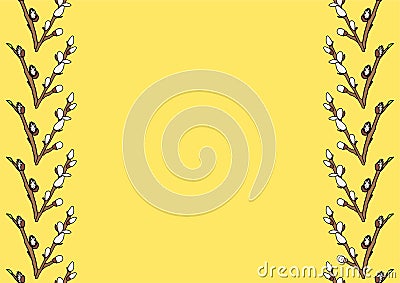 Sprigs of willow seals isolated on yellow horizontal easter background with copy space Cartoon Illustration