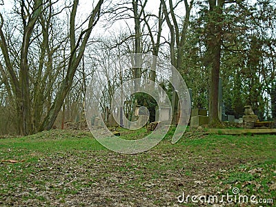 Spring on abandoned and ransacked Jewish Cemetery Stock Photo