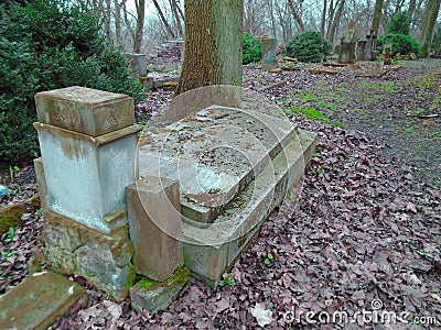 Spring on abandoned and ransacked Jewish Cemetery Stock Photo