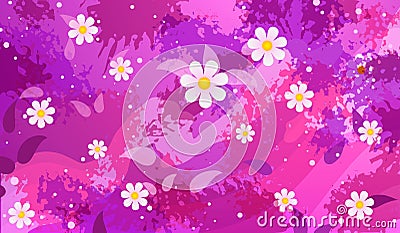 spring abstract flat background. Flowers and leaves on purple pink background with splashes of paint. Vector Illustration
