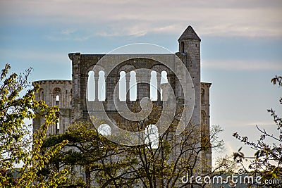 Spring in the air, seasonal blossom of fruit apple and cherry trees in orchard with ruins of old French abbey on back Stock Photo