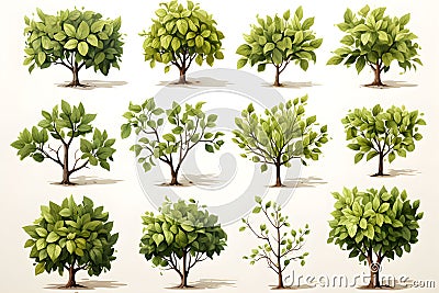 Spring apple trees come in many sizes small medium large white background.Generative Ai Stock Photo