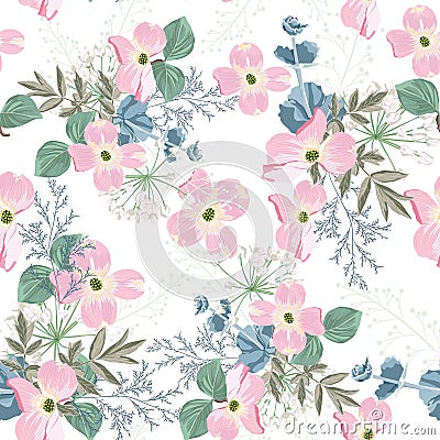 Spring autumn pink flowers with white herbs seamless pattern. Watercolor style floral background Stock Photo