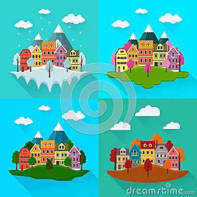 Spring, autumn, summer and winter cityscape. Vector Illustration