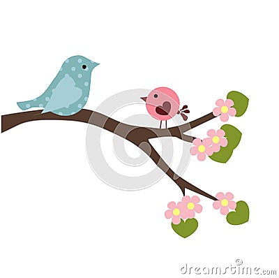 Spring baby illustration of couple birds on the branch Vector Illustration