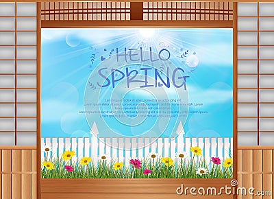 Spring background behind the opened doors with wooden fence and daisies flowers Vector Illustration