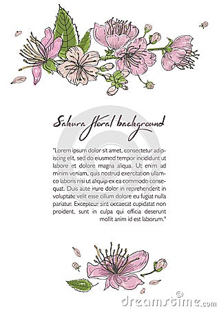 Spring background with blooming sakura flowers. Design template with place for text. Vector Illustration