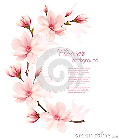 Spring background with blossom brunch of pink flowers. Vector Illustration