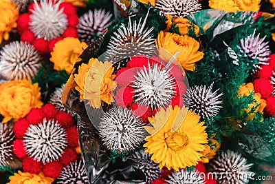 Spring background with colorful gerbera chamomiles, top view. Copy space for greeting postcard with flower pattern Stock Photo