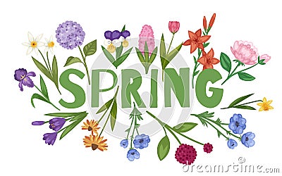 Spring background, floral card with garden flowers botanical vector illustration. Vector Illustration