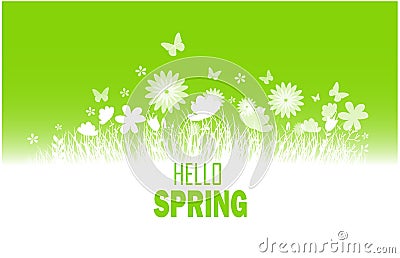 Spring background with flower, butterflies and grass silhouette Vector Illustration