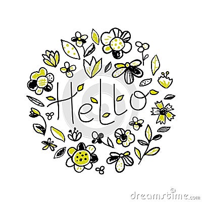 Spring background with flowers and lettering. Vector Illustration