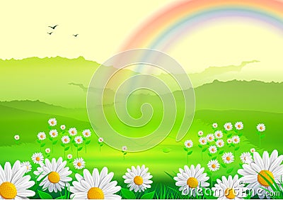 Spring Background with flowers and rainbow Vector Illustration