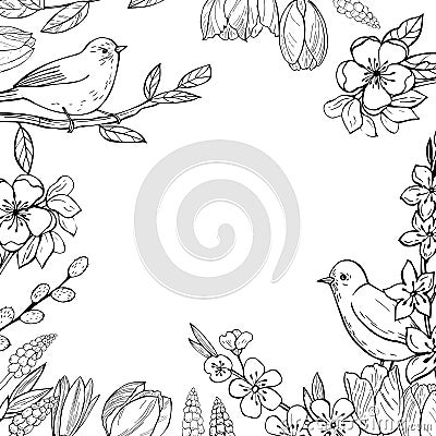 Spring background with birds and flowers. Vector Illustration