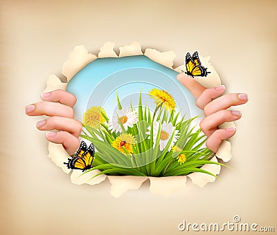 Spring background with hands, ripping paper to show a landscape. Vector Illustration