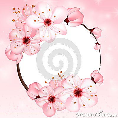 Spring background with pink blossom flowers. Vector 3d illustration. Beautiful vernal floral banner, poster, flyer Vector Illustration