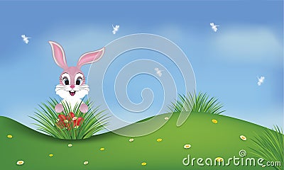 Spring background with pink bunny and Easter eggs Vector Illustration