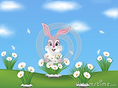 Spring background with pink bunny and flowers Vector Illustration