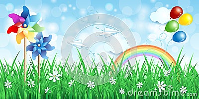 Spring background with pinwheels and rainbow Vector Illustration