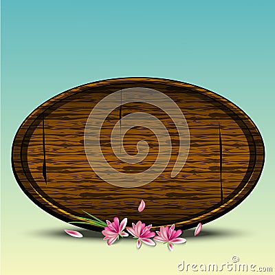 Spring background with realistic wooden round shape sign and apple flowers, colorful banner for easter sale and spring events. Ve Vector Illustration