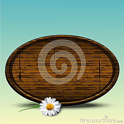 Spring background with realistic wooden round shape sign and daisy flower, colorful banner for easter sale and spring events. Vec Vector Illustration