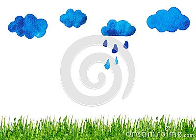 Spring background with watercolor green grass and rain clouds Stock Photo