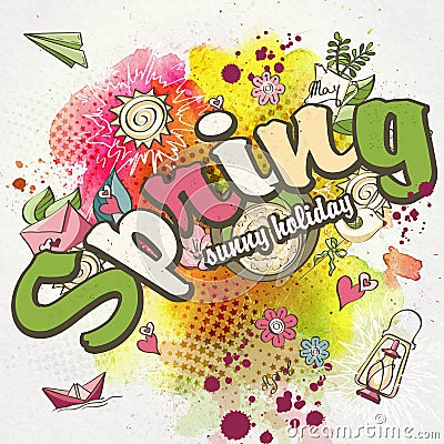 Spring background with watercolor stains and colored doodles Vector Illustration