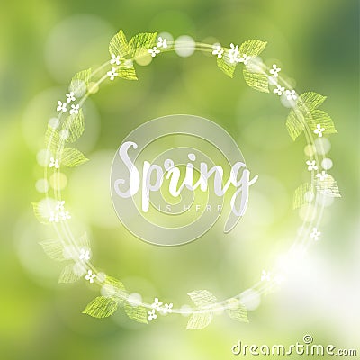 Spring background with wreath made of cherry blossoms, leaves and bokeh lights Modern blurred vector illustration. Vector Illustration