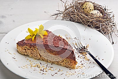 Spring banana oatmeal cake with chocolate cream Stock Photo