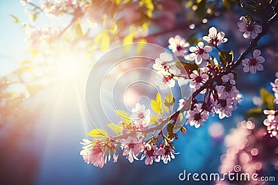 Spring banner, branches of blossoming cherry against background of blue sky. generative ai Stock Photo