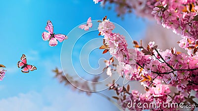 Spring banner, branches of blossoming cherry against background of blue sky Stock Photo