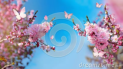 Spring banner, branches of blossoming cherry against background of blue sky Stock Photo