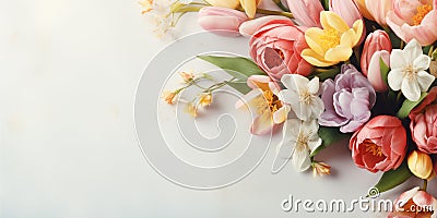 Spring banner with flowers and light copy space. Stock Photo