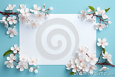 a spring banner,a white sheet of paper with a place for text with branches of blooming white cherries lying in the corners,a Stock Photo