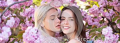 Spring banner with women girlfriends outdoor. Spring girls. Lesbian couple kissing. Beautiful spring sexy young woman Stock Photo