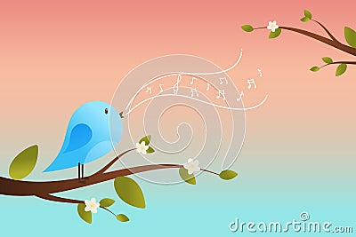 Cute bird sings. Spring vector card, vector illustration Vector Illustration