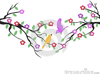 Spring birds tree flower background Vector Illustration