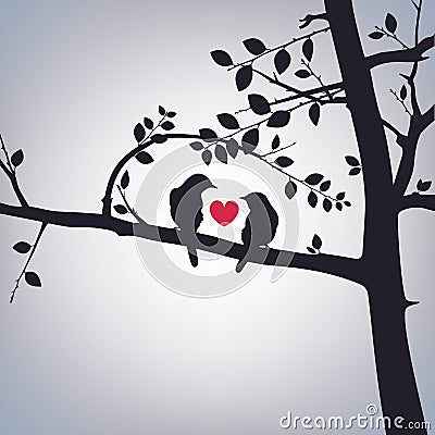 Spring Birds on a Tree Vector Illustration