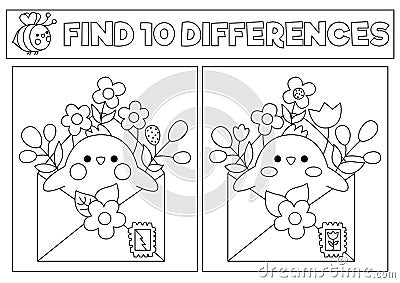 Spring black and white kawaii find differences game. Coloring page with cute chick in envelope with flowers. Garden puzzle for Vector Illustration